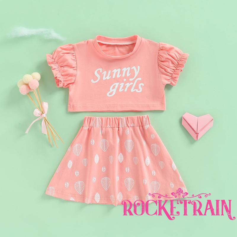 ❀Fq♡Set Đồ 2 Món Gồm Áo Croptop Tay Phồng Cổ Tròn In Chữ + Chân Váy Lưng Cao Hoạ Tiết Lá Cây Xinh Xắn Cho Bé Gái