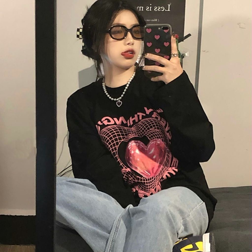 Áo thun sweater tay dài in hình trái tim thời trang xuân thu