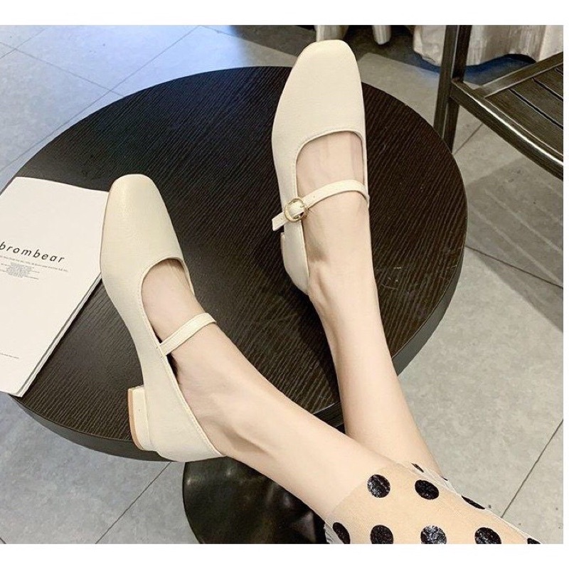 Giày bệt nữ búp bê đế bằng xinh đơn giản mũi tròn da mềm nhẹ nhàng màu đen/kem đi chơi đi học cài quai ngang rẻ