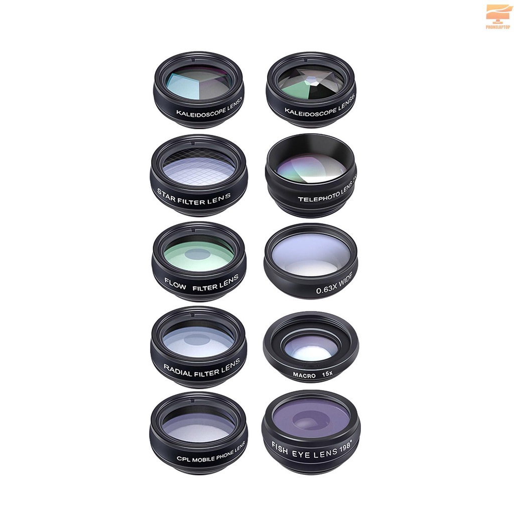 APEXEL 10 in 1 Phone Camera Lens Kit with 0.63X Wide Angle + 15X Macro + 198°Fisheye + 2X Telephoto + CPL + Star Filter + Radial Filter + Flow Filter + Kaleidoscope 3 + Kaleidoscope 6 Compatible with Android iPhone