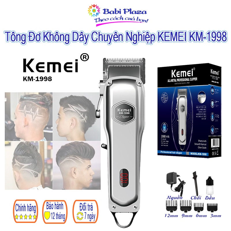 [Quà tặng 40K] Tông đơ cắt tóc chuyên nghiệp Kemei KM-1998 phiên bản pro Pin 2000mAh, tặng Áo choàng Lược Kẹp tóc.