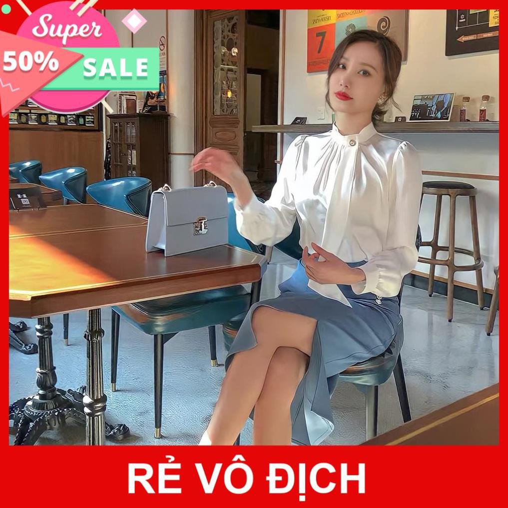 Áo Sơ Mi Nữ Cổ Đính Ngọc Dây Nơ ,Áo Sơmi Trắng Công Sở Lụa Bóng Dài Tay F007