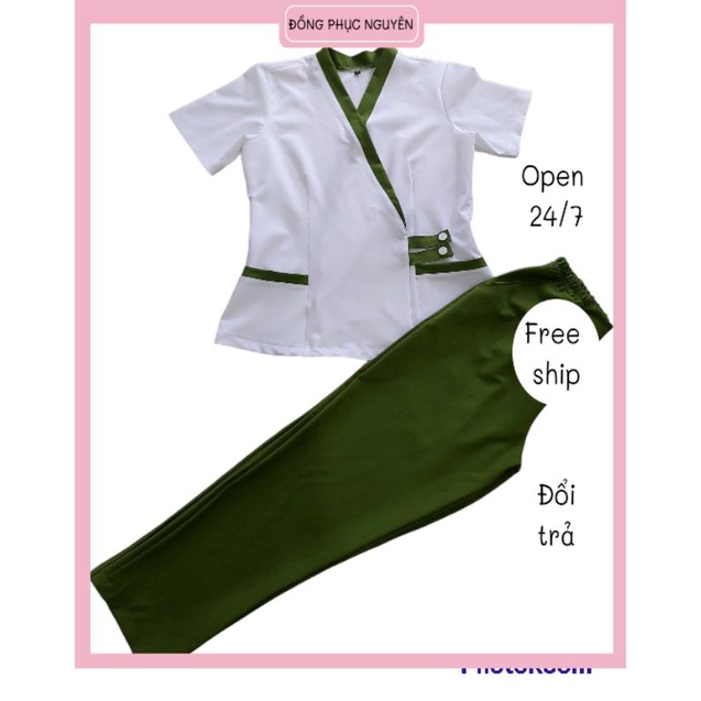 Đồng phục spa màu xanh bơ (quần và chân váy)