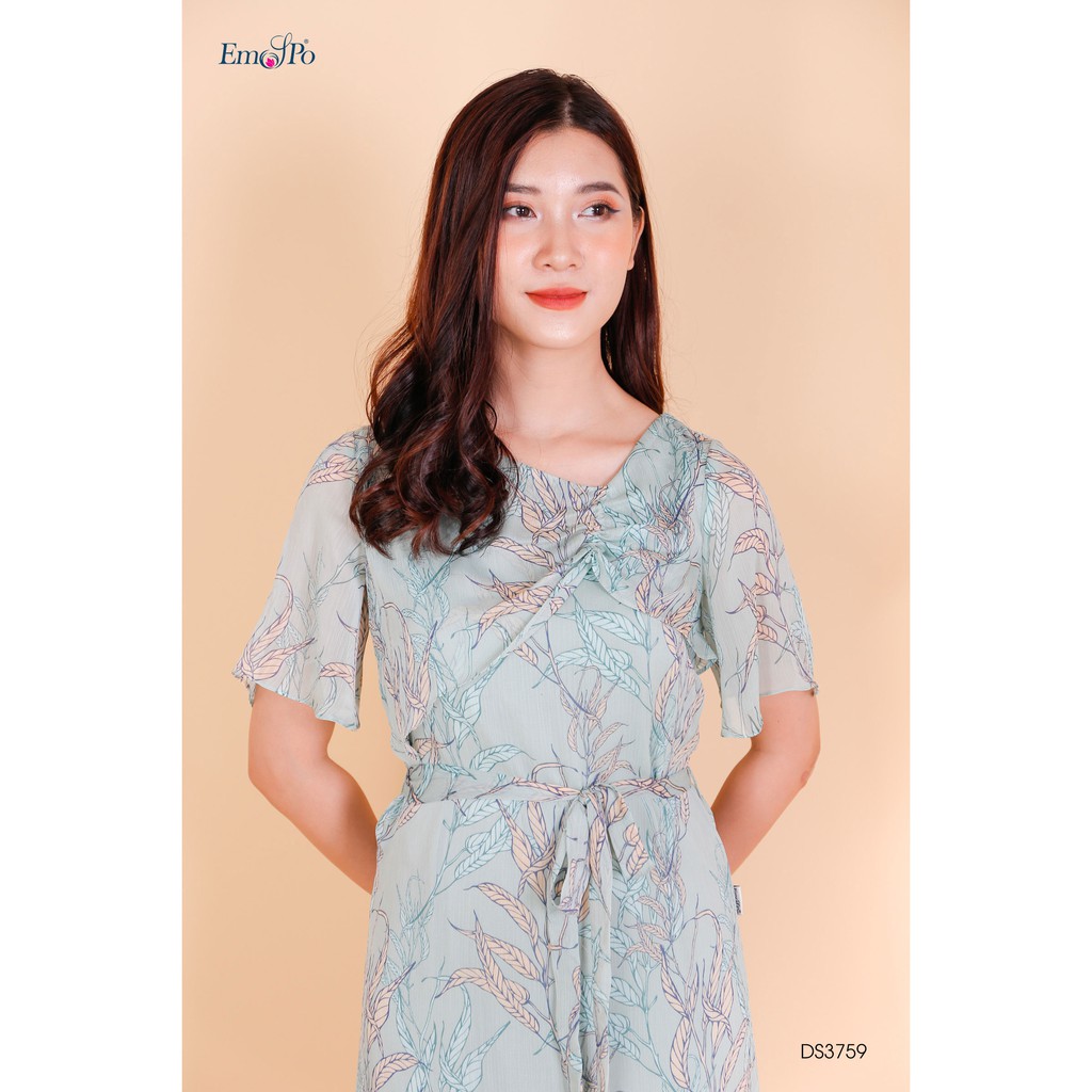 Đầm suông tà bong thân trước, rúm ly cổ, đai rời buộc nơ eo Emspo DS3759 (Be,Xanh)