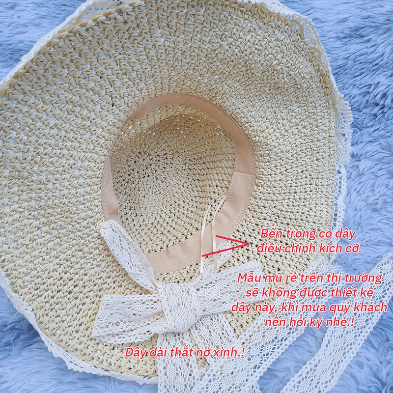 Mũ cói nữ đi biển nón rộng vành nửa đầu chống nắng thời trang cao cấp tiểu thư có dây buộc