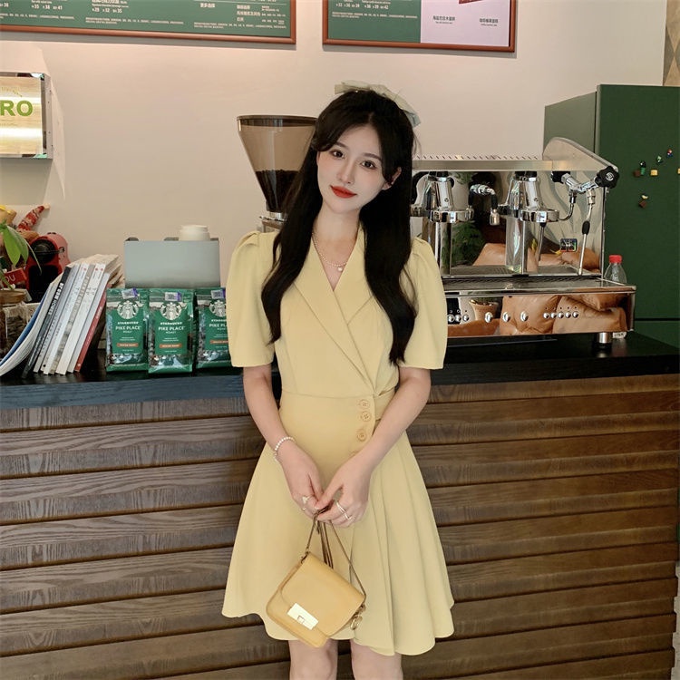 Đầm Tay Phồng Ngắn Cổ Chữ V Xếp Ly Thời Trang Hàn Quốc Xinh Xắn Cho Nữ