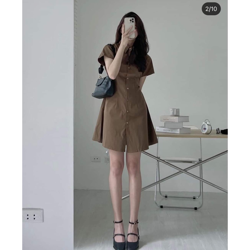 Váy sơ mi kaki cộc tay cúc bọc
