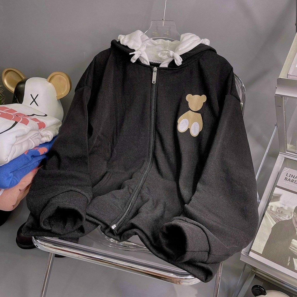 Áo khoác nỉ nam nữ họa tiết gấu SATUR hoodie full zip form rộng  2 nón tay phồng hàn quốc fammilyshop-áo khoác ulzzang