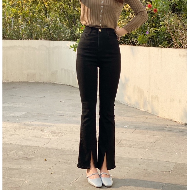 Quần Jeans ống loe xẻ gấu chất co dãn , cạp cao cực tôn dáng hottrend - Hàng Có sẵn