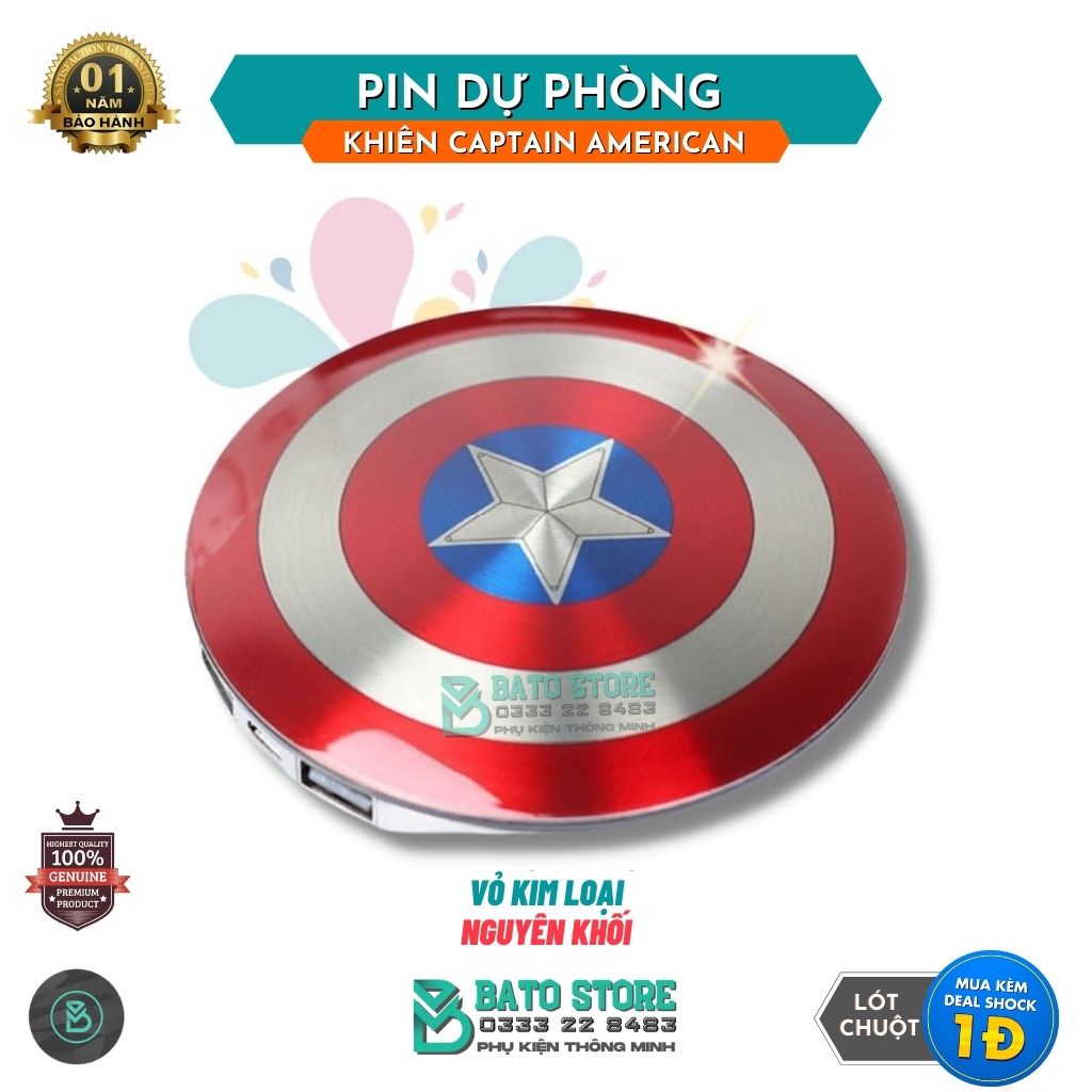 [CỰC ĐỘC] Sạc dự phòng Captain America Avengers 6800mah Kim loại nguyên khối - FULL BOX