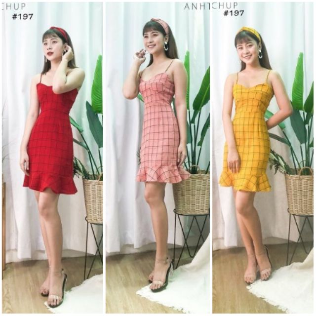 Nhập WAFS1921 giảm 15% tối đa 30k đơn 99k_ Đầm dây caro kèm tuban (có 3 màu)