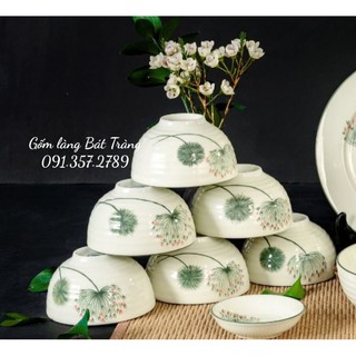 Bộ 10 bát cơm men kem vẽ hoa bồ công anh gốm sứ Bát Tràng