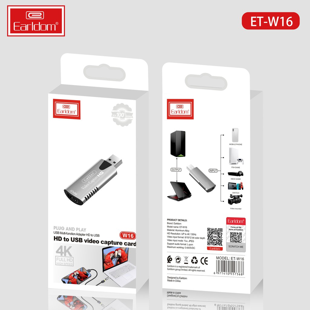Bộ HDMI to USB 3.0 Video Capture Earldom W16 - Hỗ Trợ Live Stream, Ghi Hình Từ Điện Thoại, Camera, PS4, XBOX