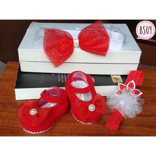 Freeship 99k TQ_Set giày len đỏ kèm băng đô siêu cute