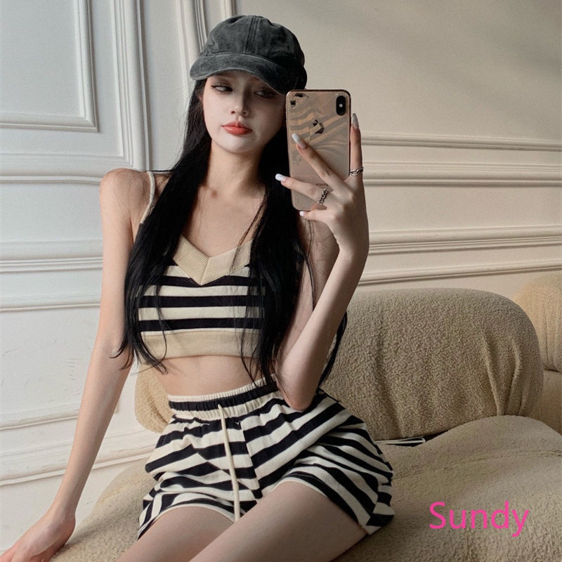 Set Áo Hai Dây + Quần ngắn ống rộng Lưng Cao Thời Trang Cho Bé Gái