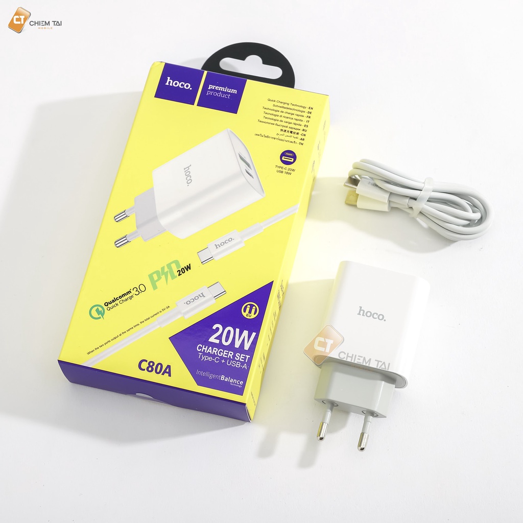 Bộ cốc kèm cáp sạc nhanh PD, QC3.0 20W Hoco C80A
