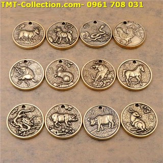 Bộ 12 Mặt Đồng Xu Đồng 12 Con Giáp; Xỏ lỗ đeo dây, làm đồ treo móc khóa; TMT Collection-SP002442