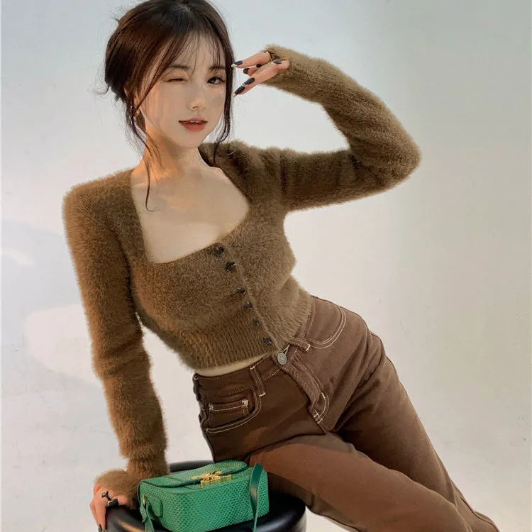 DUNEA Áo dệt kim cổ vuông thiết kế quyến rũ cho nữ