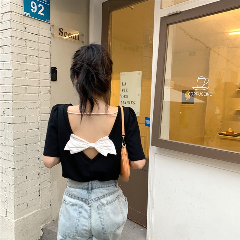 Áo thun tay phồng hở lưng phối nơ phong cách Hàn Quốc thời trang mùa hè mới cho nữ