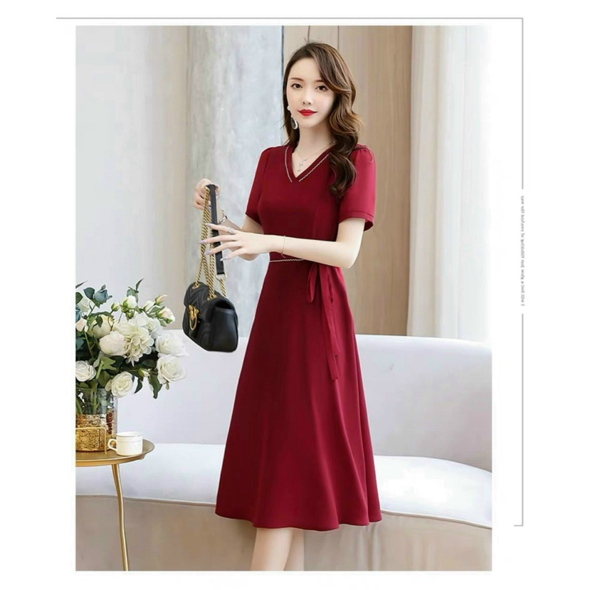 Đầm Dáng Dài Cổ tim Thắt Dây Eo Chất Voan Form Chẩn Mặc Đẹp Dáng Xinh [NEW UNISEX]