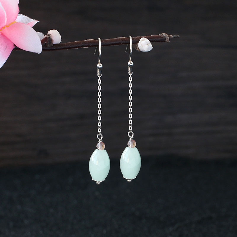 Khuyên Tai Bạc 925 Đính Ngọc Bích Tự Nhiên Không Gây Dị Ứng Cho Nữ
