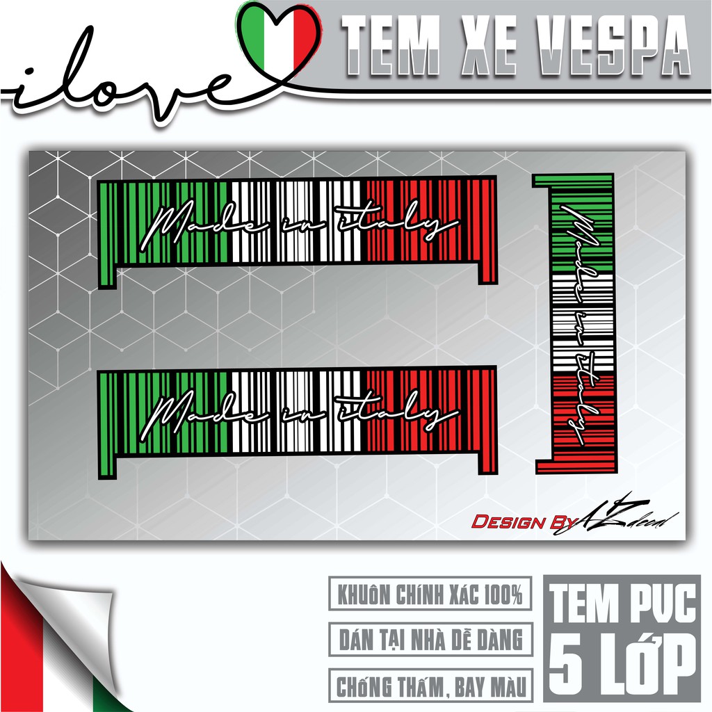 Tem Xe Vespa italia | VP08 | Tem Rời Xe Vespa Chất Liệu Decal PVC Cao Cấp, Dễ Dán