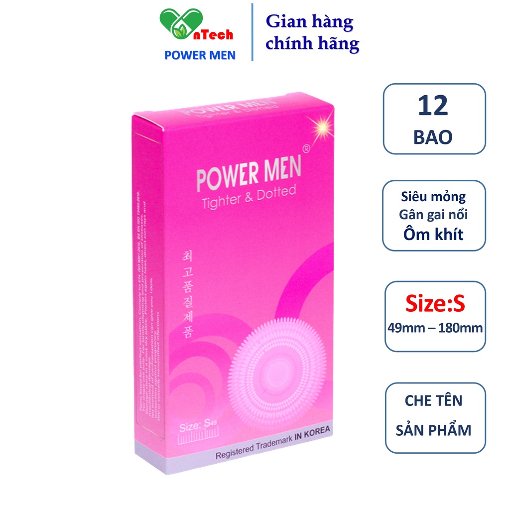 Bao cao su POWER MEN size nhỏ 49mm dáng ôm khít 3D chống tuột có gân gai tăng khoái cảm kéo dài thời gian combo 2 hộp