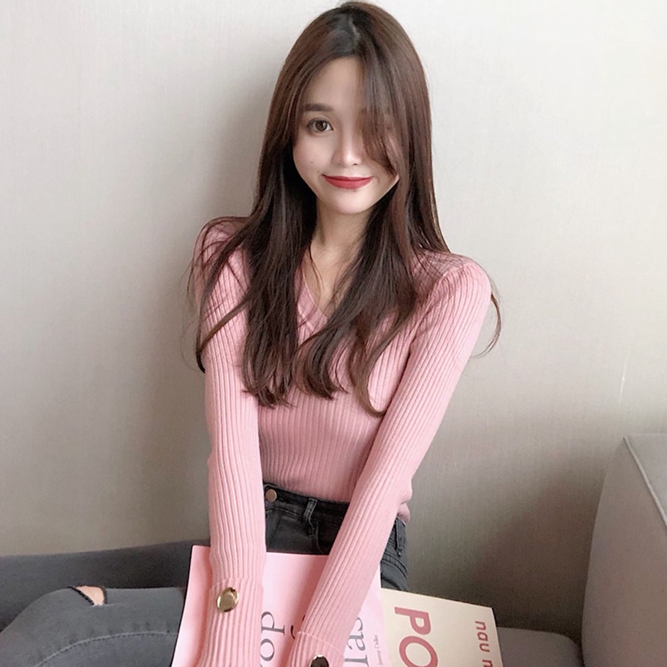 Áo dệt kim ZHELIHANGFEI tay dài cổ chữ V thời trang quyến rũ cho nữ