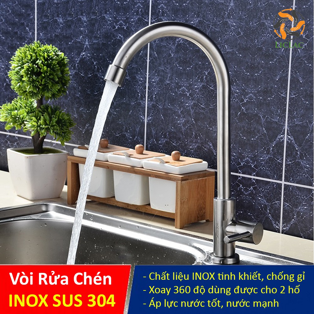 Vòi Rửa Chén Lạnh INOX SUS 304 xoay 360 độ dùng được cho chậu rửa 2 hố, Vòi Rửa Chén cắm chậu - LICLAC