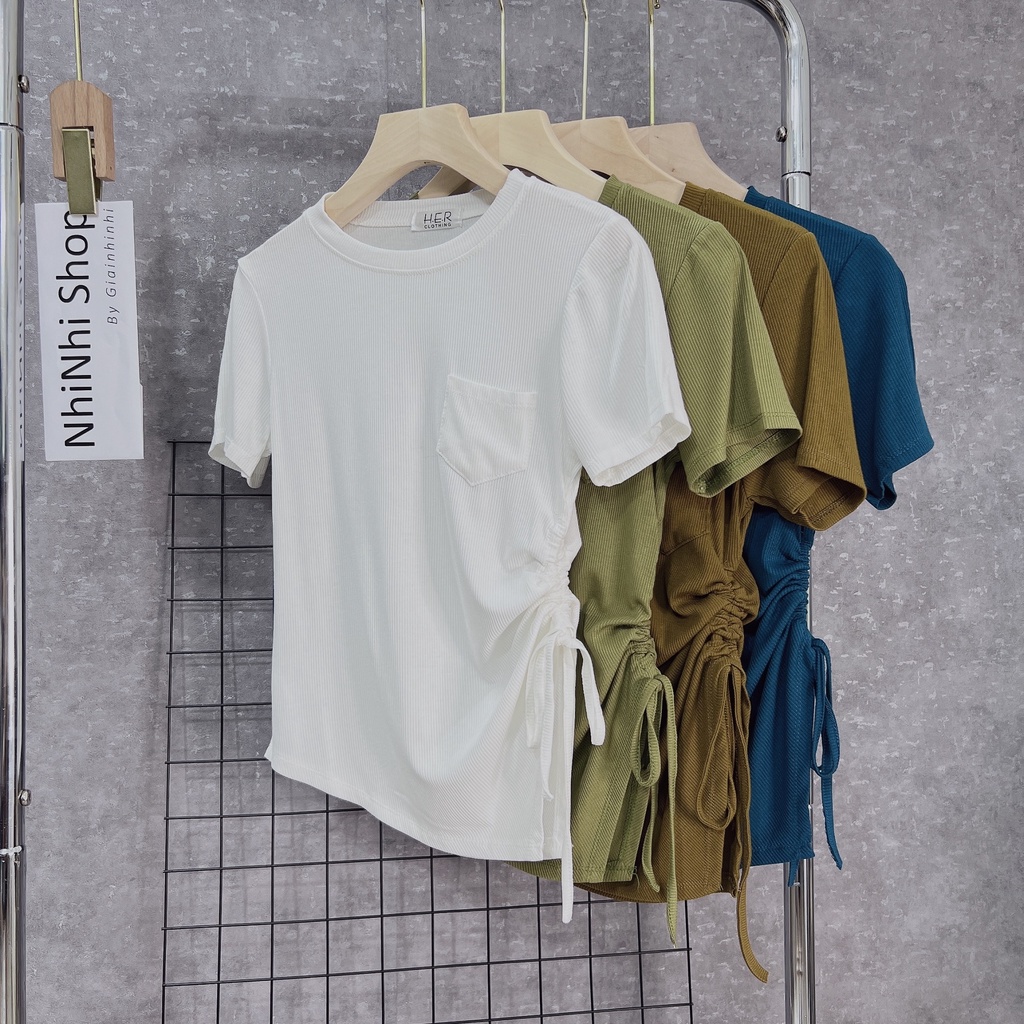Áo thun kiểu rút dây rúm sườn, Áo kiểu thun tăm cổ tròn co giãn AT5542 - NhiNhi Shop