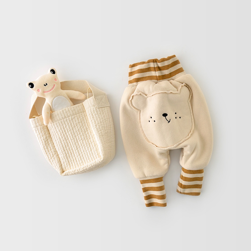 Quần legging phối lông dày dặn họa tiết kẻ sọc kiểu hoạt hình gấu dễ thương cho bé