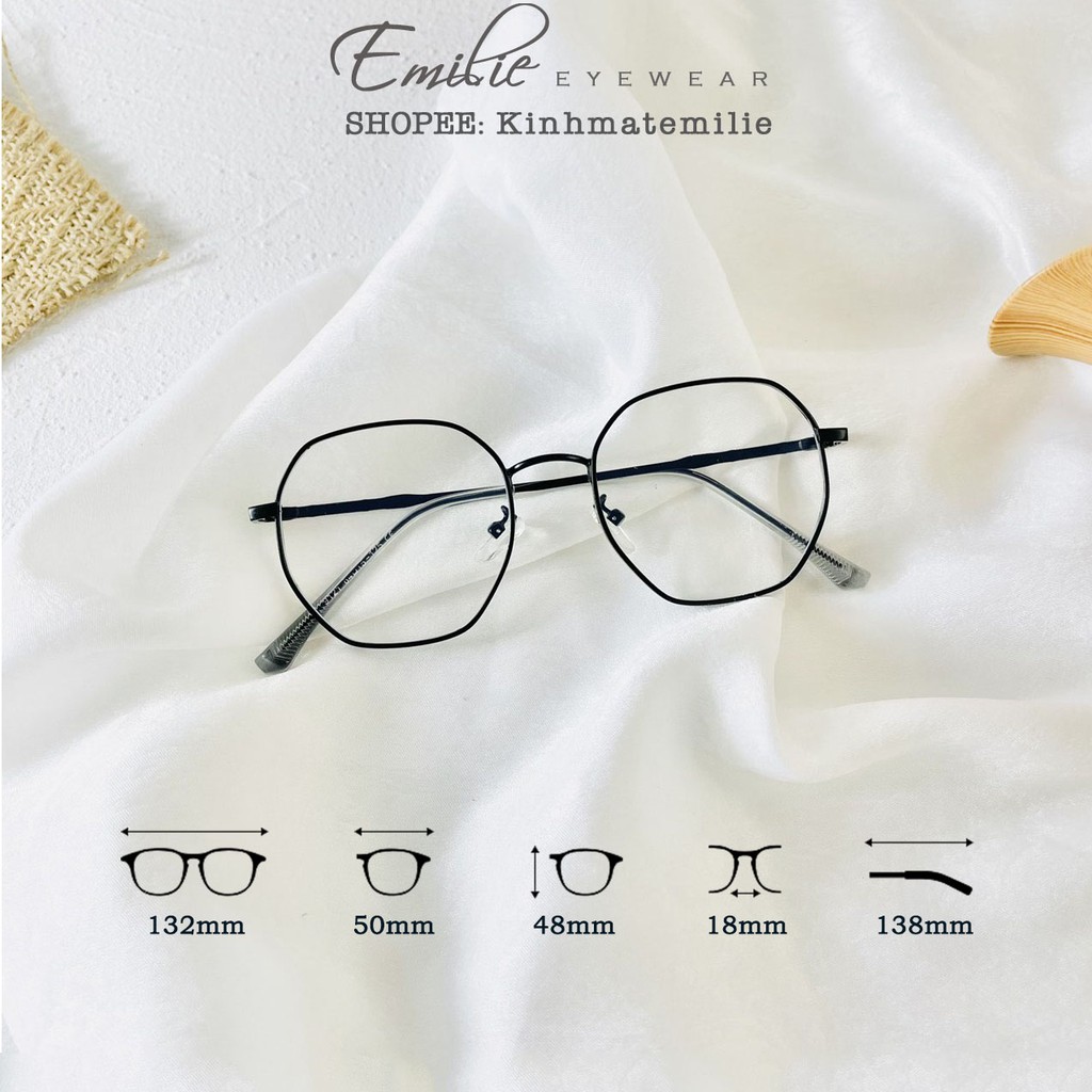 Kính gọng mảnh đa giác nam nữ mắt bluecut Emilie eyewear chất liệu kim loại phụ kiện thời trang 9121
