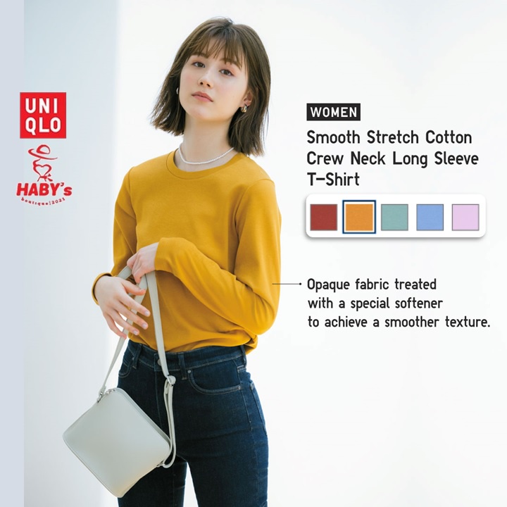 UNIQLO👐JAPAN_Áo Thun Cotton (Co Giãn, Cổ Tròn, Dài Tay) - WOMEN Smooth Stretch Cotton Crew Neck T-Shirt 🌞