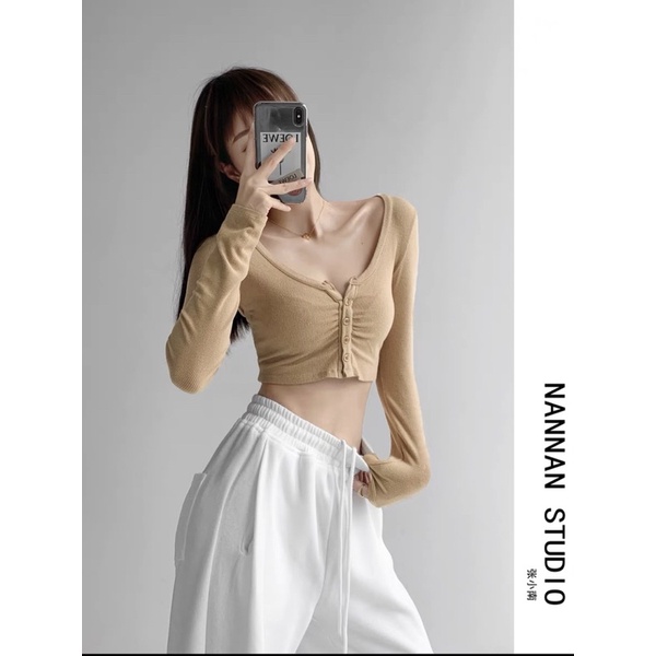 Áo Croptop Tay Dài Chất Thun Gân Co Dãn