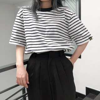 Áo thun sọc trắng + xanh đen Oversize unisex