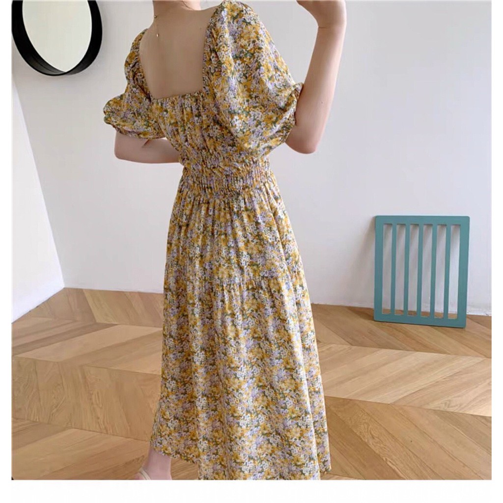 đầm bông lụa dáng suông cổ vuông ngắn tay