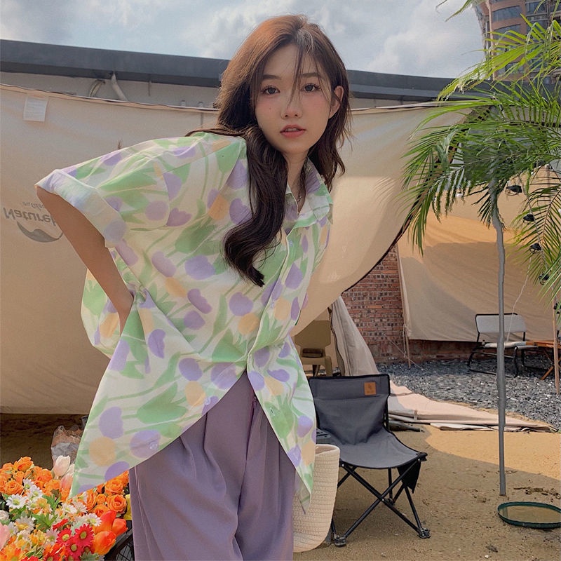 Áo Sơ Mi Ngắn Tay Dáng Rộng In Hình Hoa tulip Thời Trang Mùa Hè Giản Dị Dành Cho Nữ