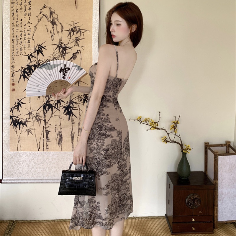 Đầm Hai Dây Họa Tiết Màu Mực Xinh Xắn Thời Trang Cho Nữ