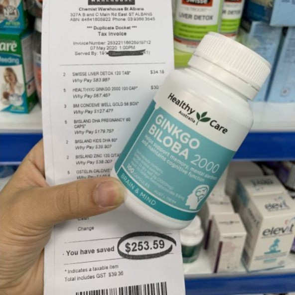 Viên uống bổ não Ginkgo Biloba Healthy Care 2000mg 100 Viên  (Viên Tuần Hoàn Não ÚC MẪU MỚI) | Thế Giới Skin Care