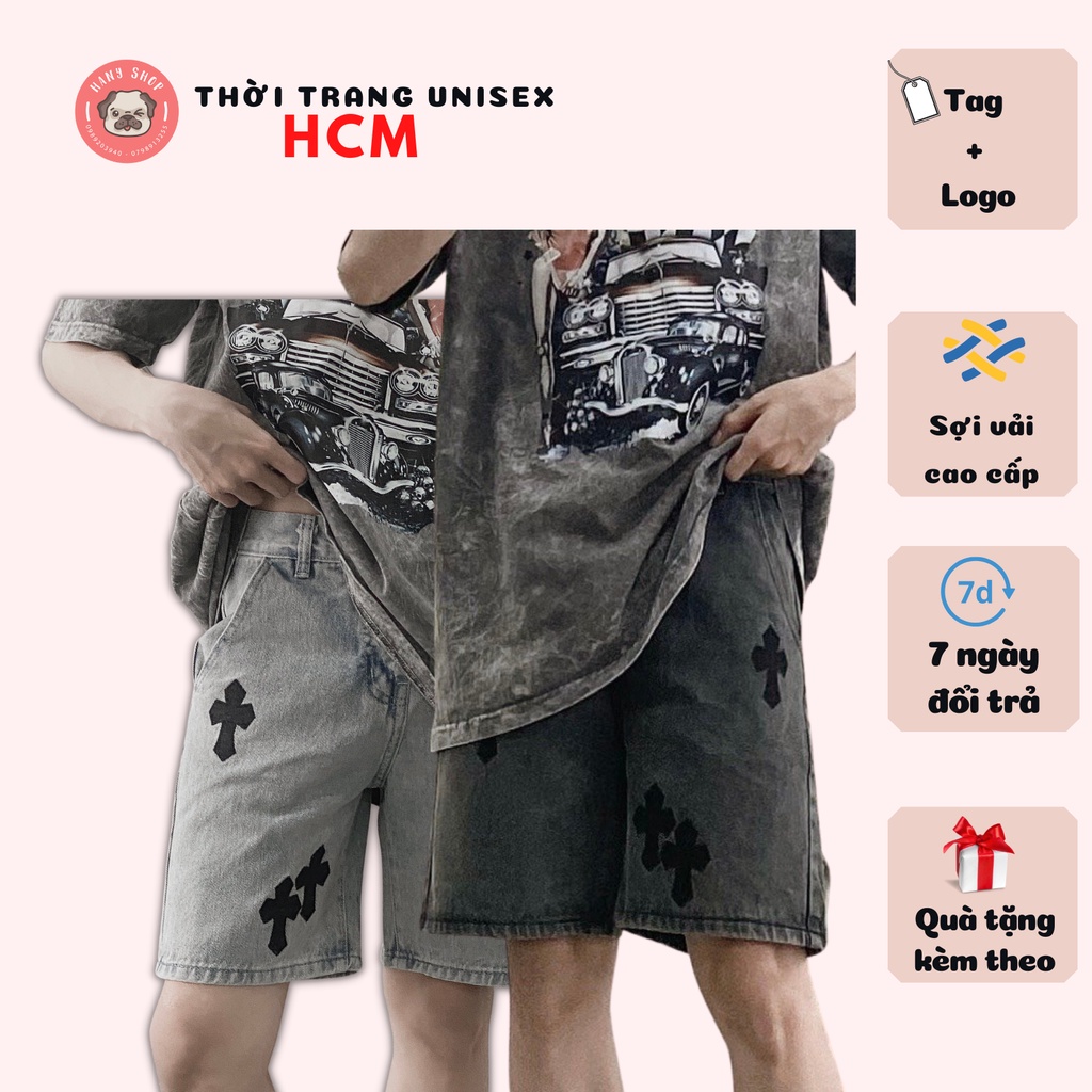 Quần short jeans nam nữ thêu hình thánh giá vải dày dặn chỉ may 2 lớp Thời trang Unisex QU10