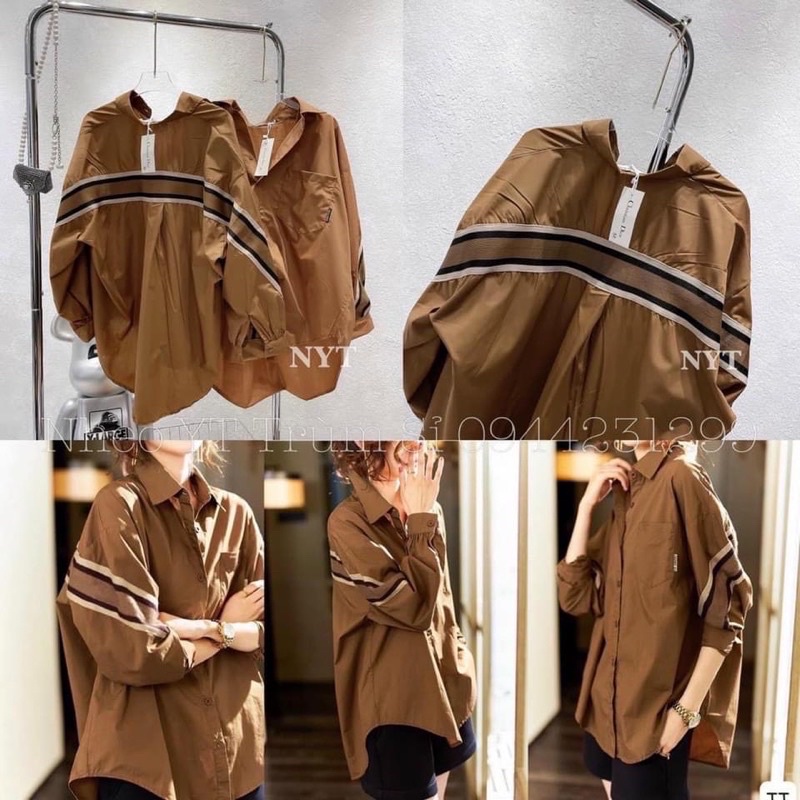 Áo Sơ Mi Nâu Form Thụng Kiểu Dáng Unisex Phối Viền Chữ Siêu Hot 2022