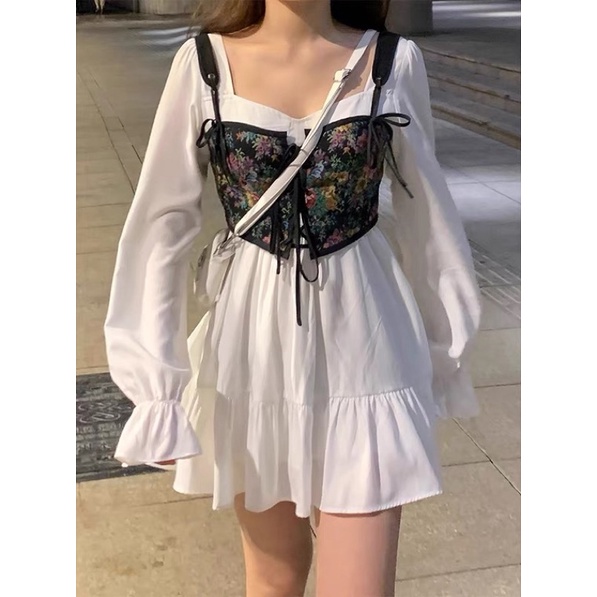Set corset đen hoa nhí thắt dây kèm váy trắng xoè ngắn/dài chun tay phong cách nàng thơ hot hit trend 2022