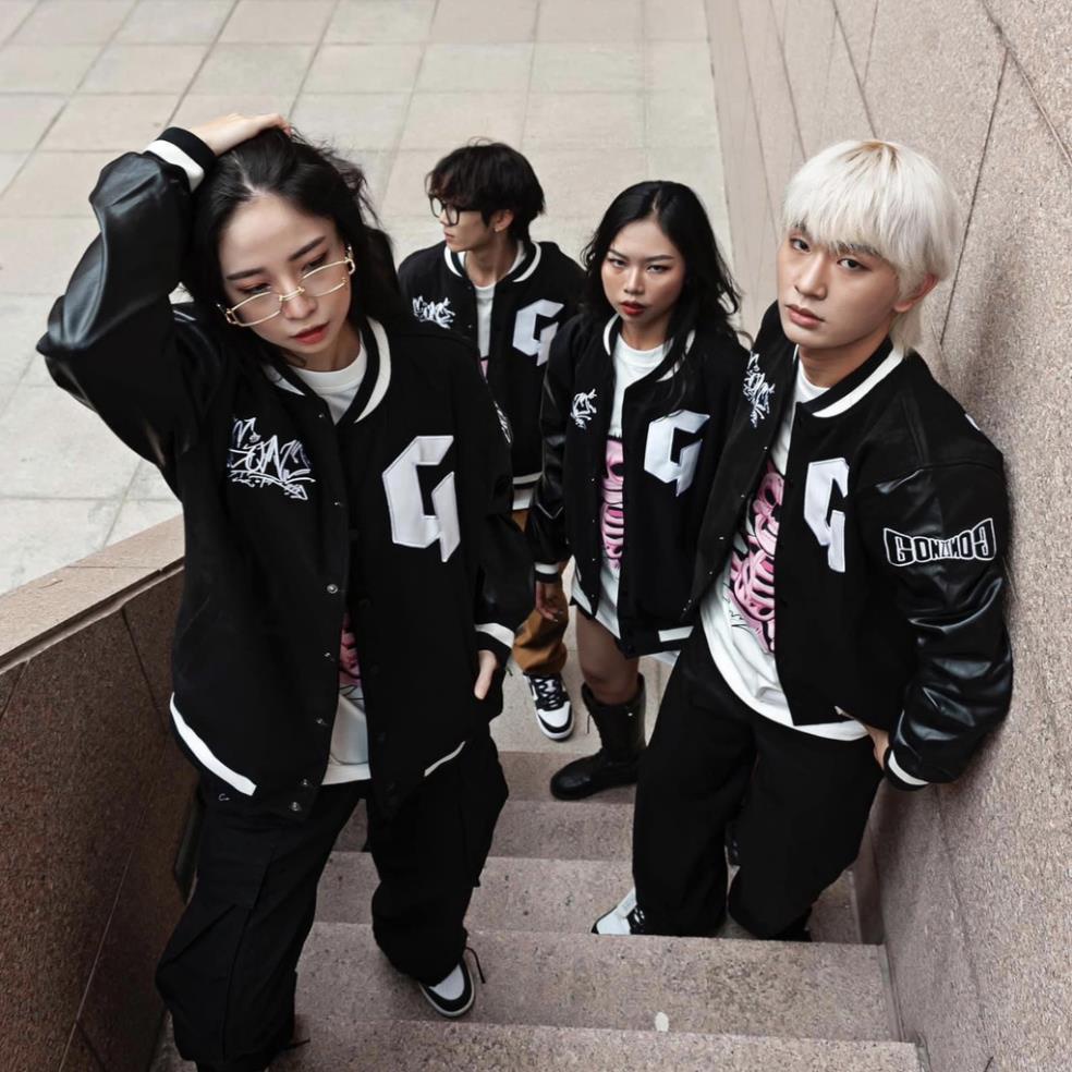 Áo khoác bomber, Varsity jacket Gonz Black nỉ phối tay da form rộng, nỉ tay da dày dặn phong cách