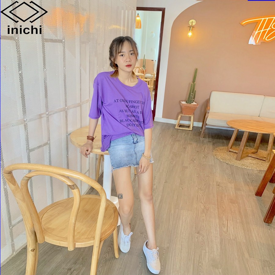 Áo thun tay lỡ form rộng INICHI phong cách Unisex cho cả nam nữ in chữ BIG SHOT - IC629 màu tím