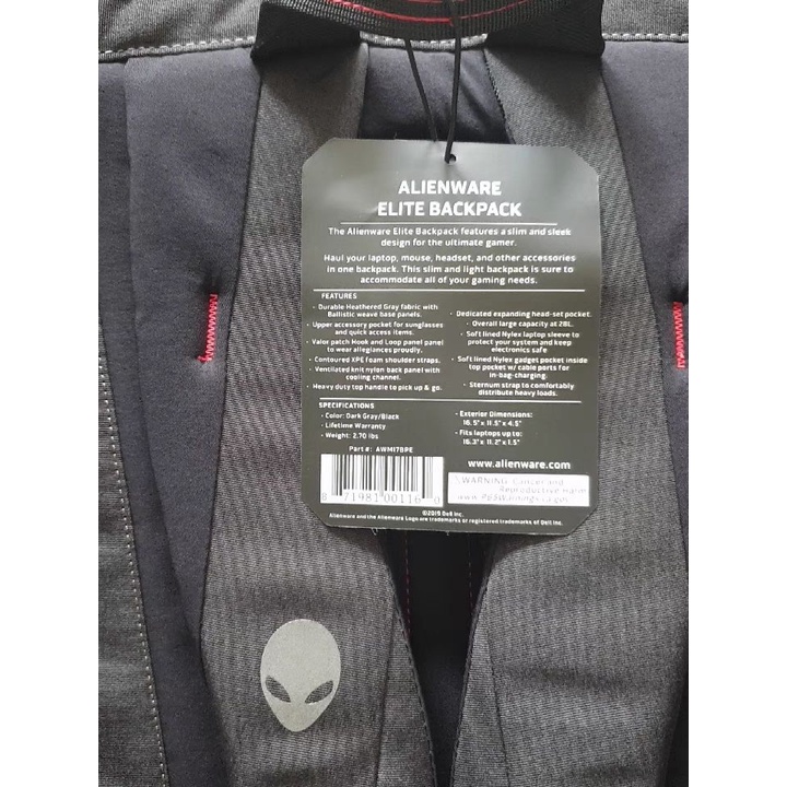 ALIENWARE Ba lô máy tính nam 15,6 inch Túi đi học Orion Pro chống thấm nước