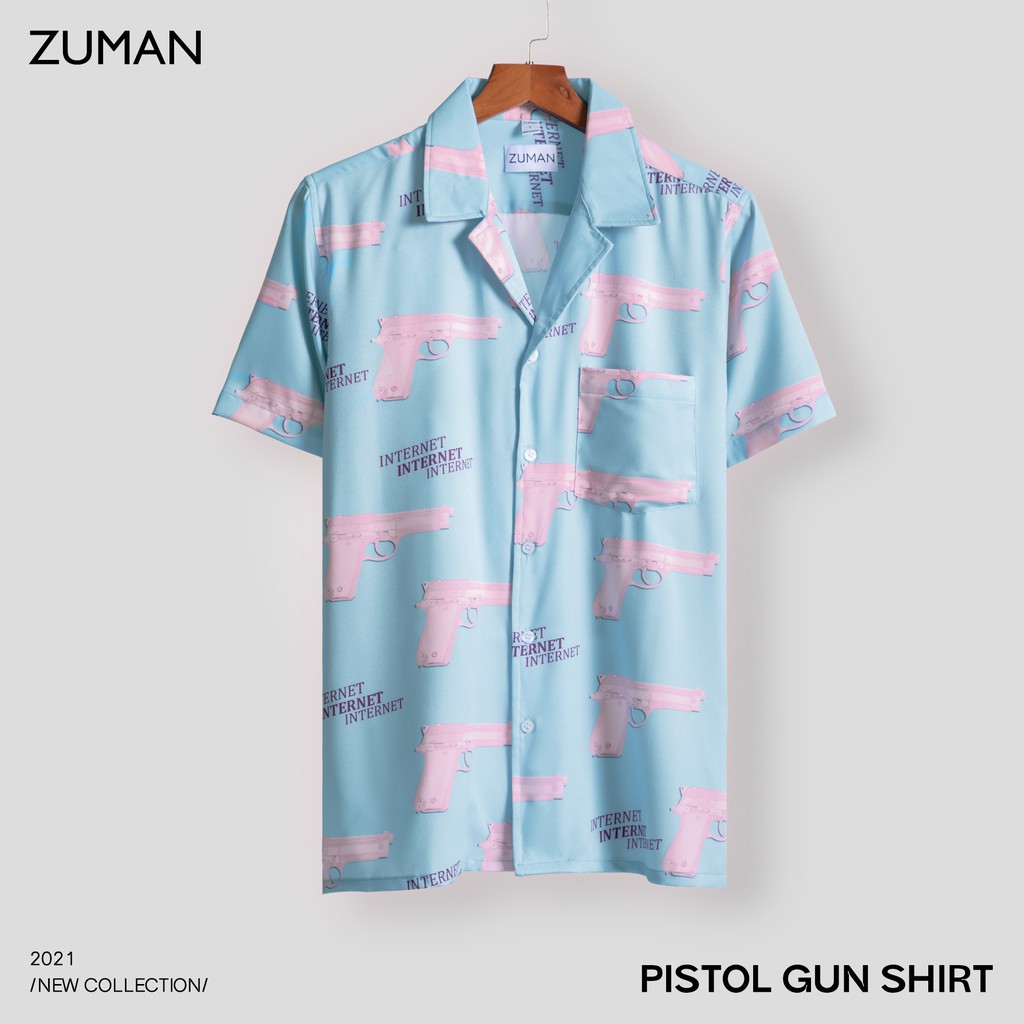 Áo sơ mi nam họa tiết tay ngắn Pistol shirt ASM05 ZUMAN  ASM05 ZUMAN fulltag, chất lụa chéo cao cấp,thoáng mát