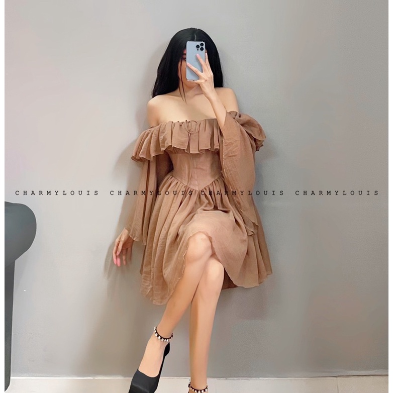 Đầm Voan Rớt Vai Tay Quạt Nâu QCCC