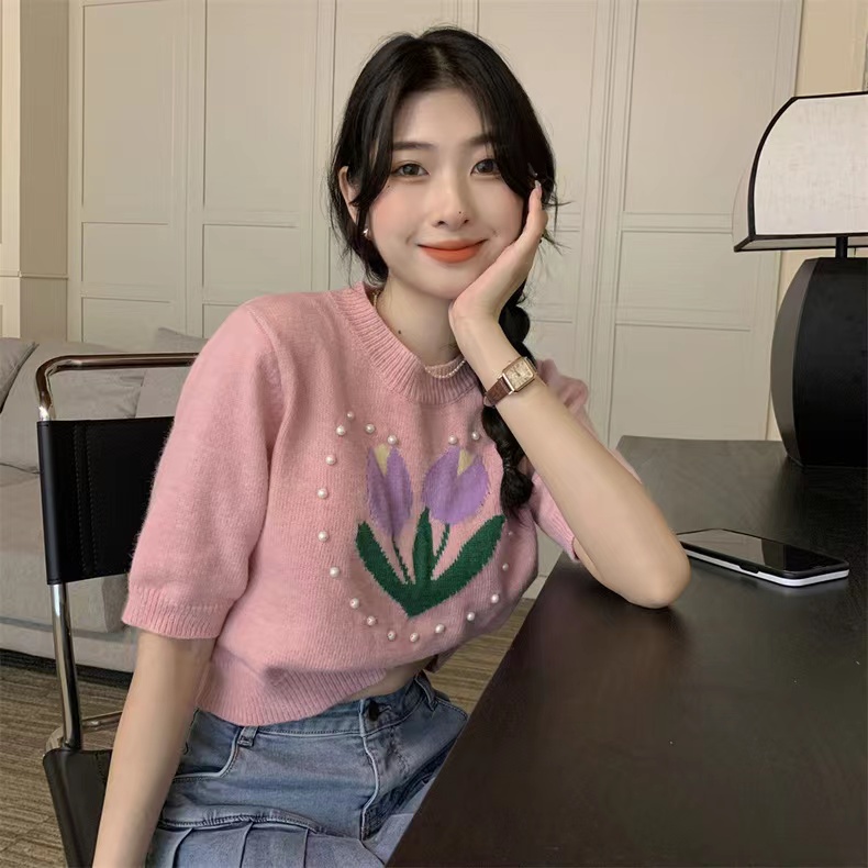 [Hana And Alice] heavy Industry Áo Thun Dệt Kim Tay Ngắn Dáng Rộng Dễ Phối Đồ