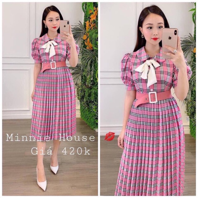 Đầm xoè ly caro Bbr nơ kèm belt