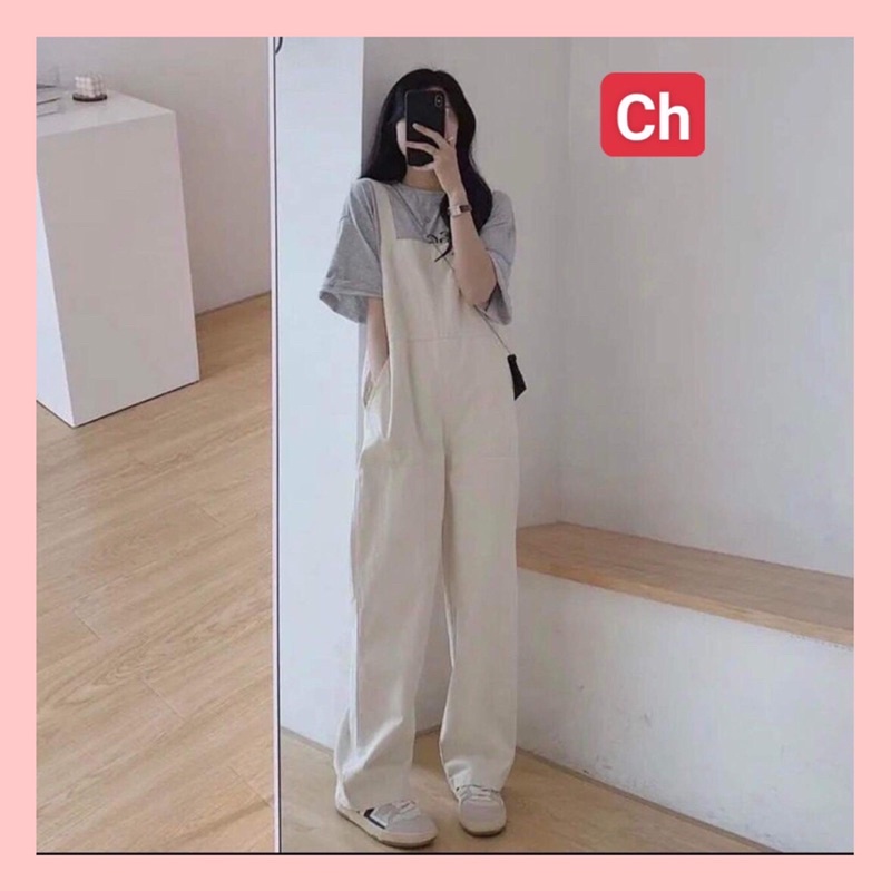 Sét Quần yếm kaki kèm áo thun nữFREESHIP  Bộ đồ culottes phông form rộng tay lỡ bánh bèo cá tính năng động đẹp Ulzzang
